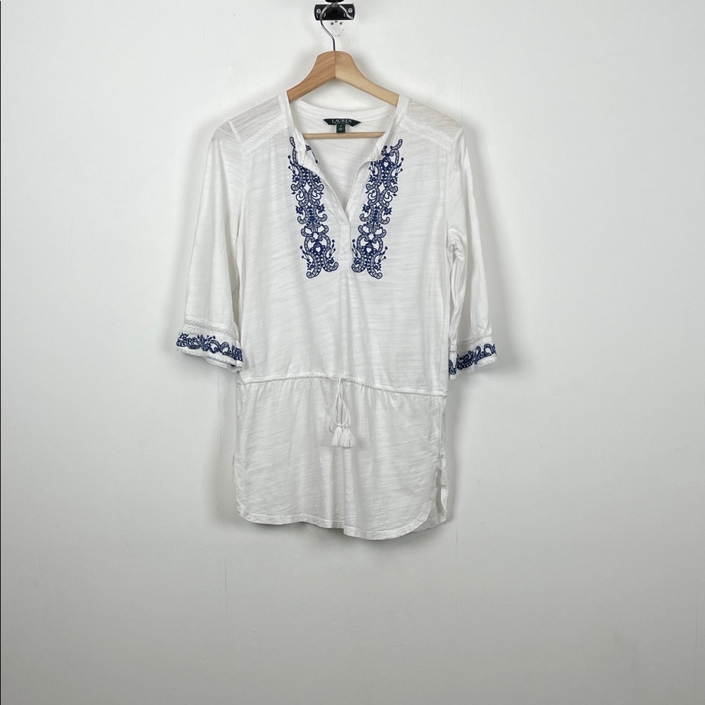 Lauren Ralph Lauren Peasant Hippie Boho White and Blue Embroidered Women's S Top